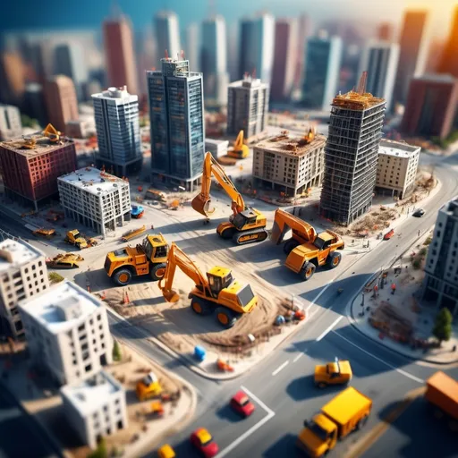 Prompt: aerial view, tilt-shift, isometric miniature world, detailed landscape world render with high rise buildings, with a constwithin site and a steel structure being installed, construction vehicles around the steel structure