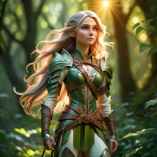 Prompt: (Elf ranger), standing gracefully, long flowing hair, bow in hand, wearing intricate leather armor, surrounded by lush greenery, soft sunlight filtering through leaves, creating dappled light patterns, ethereal ambiance, enchanted atmosphere, mystical vibes, high detail, dramatic lighting, vibrant colors, magic in the air, ultra-detailed, forest scenery.