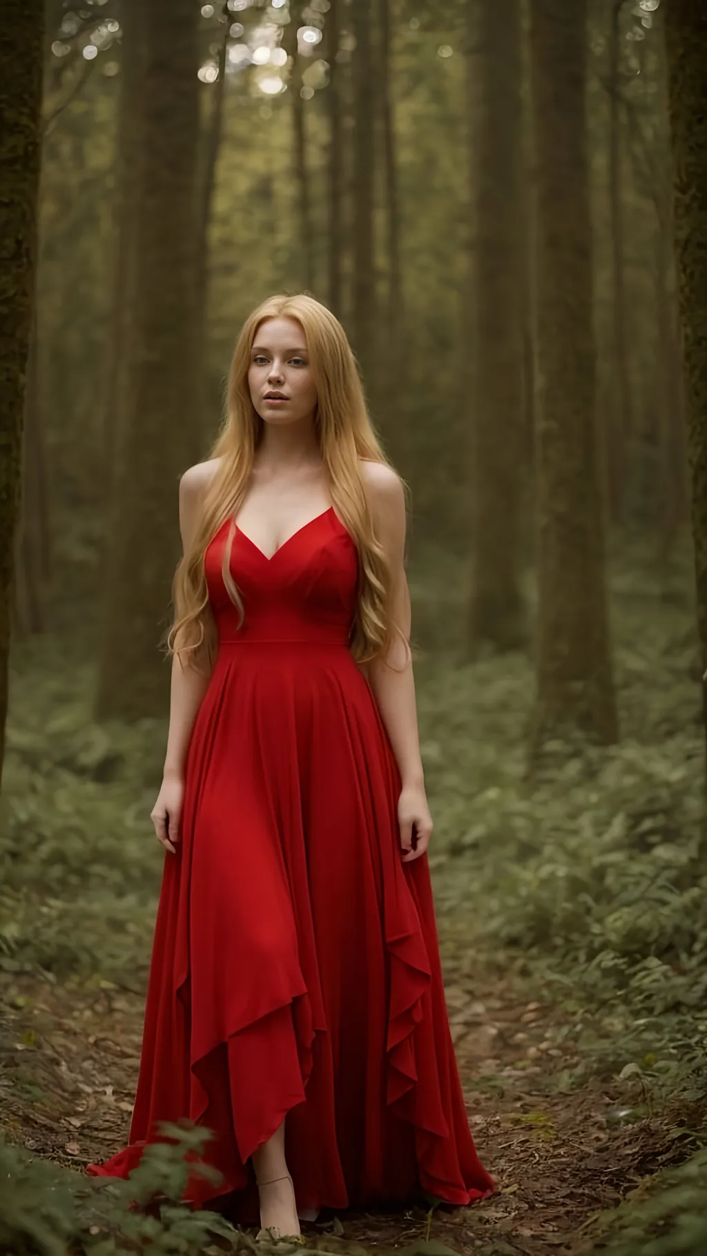 Prompt: Beautiful woman standing in the forest with a flowing red dress, long blonde hair