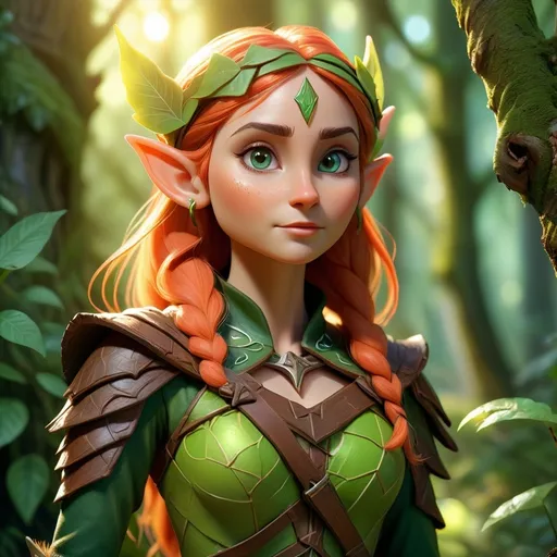 Prompt: Elf ranger in a mystical forest, (radiant sunlight filtering through the trees), lush greenery and vibrant foliage, (enchanted atmosphere), finely detailed elfin features and attire, holding a beautifully crafted bow, intricate tree bark textures, magical flora glowing softly, (4K quality), serene and harmonious ambiance, inviting exploration and adventure.