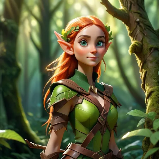 Prompt: Elf ranger in a mystical forest, (radiant sunlight filtering through the trees), lush greenery and vibrant foliage, (enchanted atmosphere), finely detailed elfin features and attire, holding a beautifully crafted bow, intricate tree bark textures, magical flora glowing softly, (4K quality), serene and harmonious ambiance, inviting exploration and adventure.