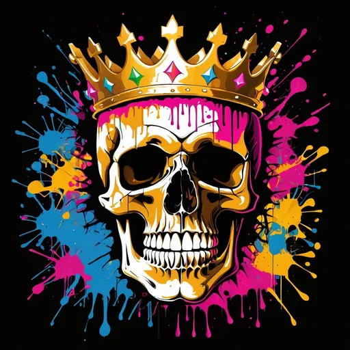 Prompt: Colorful graffiti illustration of a skull with a golden crown, paint splashes, vector t-shirt art, black background