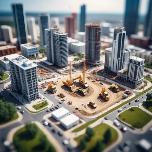 Prompt: aerial view, tilt-shift, isometric miniature world, detailed landscape world render with high rise buildings, with a constwithin site and a steel structure being installed, construction vehicles around the steel structure