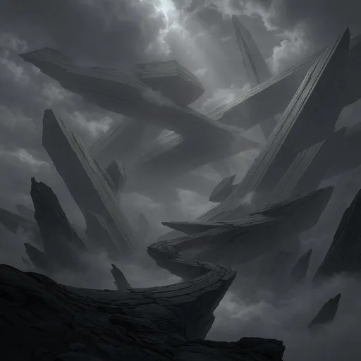 Prompt: Intersecting planes forming impossible architecture in grayscale with subtle reflections