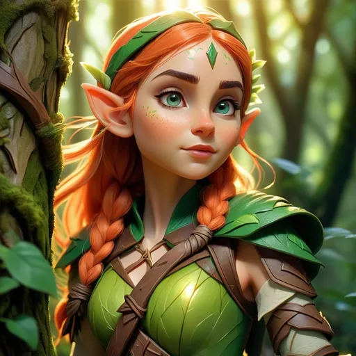 Prompt: Elf ranger in a mystical forest, (radiant sunlight filtering through the trees), lush greenery and vibrant foliage, (enchanted atmosphere), finely detailed elfin features and attire, holding a beautifully crafted bow, intricate tree bark textures, magical flora glowing softly, (4K quality), serene and harmonious ambiance, inviting exploration and adventure.