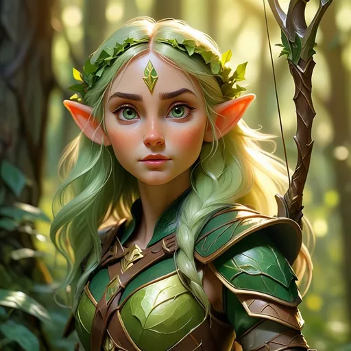 Prompt: (Elf ranger), mystical forest, dappled sunlight filtering through trees, ethereal atmosphere, vibrant greens and golds, intricate armor glistening, bow and quiver at the ready, peaceful yet alert expression, magical flora surrounding, high-detail, cinematic depth, enchanting ambiance, inviting light, ultra-detailed, nature's majesty.