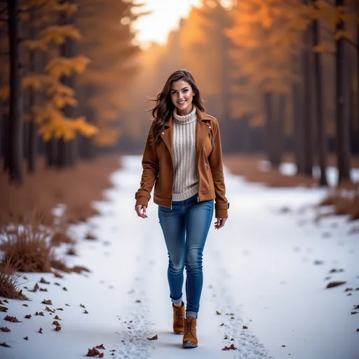 Prompt: (model walking in a wintery snow filled forest along a path), wearing (warm winter clothes), (expressive warm smile), luxurious photoshoot, idyllic natural scenery, sun-dappled forest, vibrant autumn leaves, soft glowing light filtering through trees, cozy ambiance, fashionable outdoor styling, detailed textures in fabric, high quality, ultra-detailed, HD.