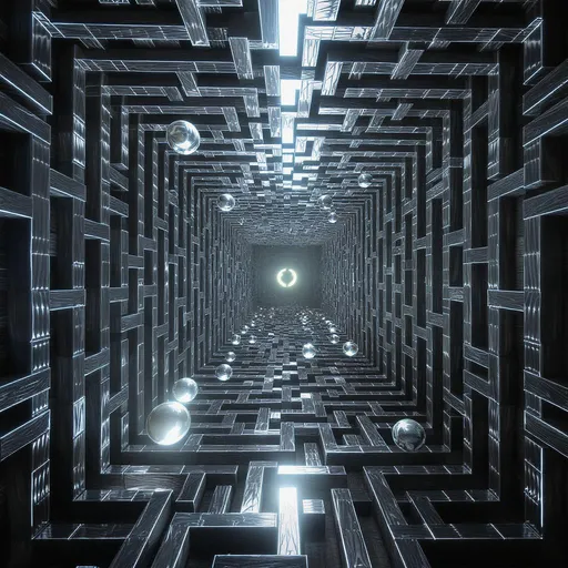 Prompt: A perfectly symmetrical labyrinth made of folded metal and hovering spheres