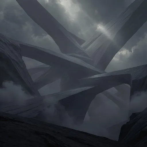 Prompt: Intersecting planes forming impossible architecture in grayscale with subtle reflections