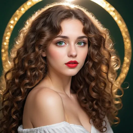 Prompt: Beautiful angelic women with long full curly brown hair falling down her left shoulder, with green eyes, put red lips with a golden circular...