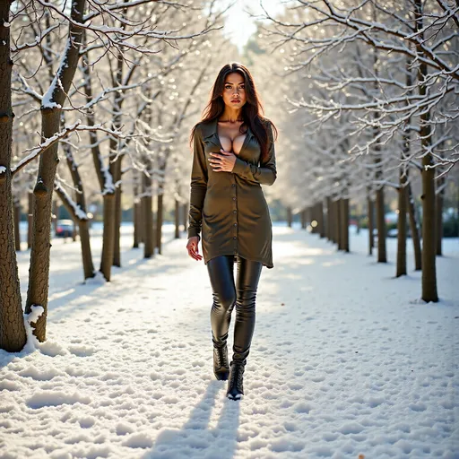 Prompt: (woman walking through a wintery forest), dressed in (cozy warm clothes), snow-covered trees surrounding her, soft white frost on branches, the ground blanketed in pristine snow, gentle rays of sunlight filtering through branches, creating a magical illuminated glow, serene ambiance, a sense of tranquility, (ultra-detailed), (4K), captivating winter scenery.