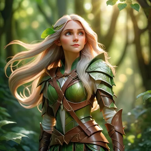 Prompt: (Elf ranger), standing gracefully, long flowing hair, bow in hand, wearing intricate leather armor, surrounded by lush greenery, soft sunlight filtering through leaves, creating dappled light patterns, ethereal ambiance, enchanted atmosphere, mystical vibes, high detail, dramatic lighting, vibrant colors, magic in the air, ultra-detailed, forest scenery.