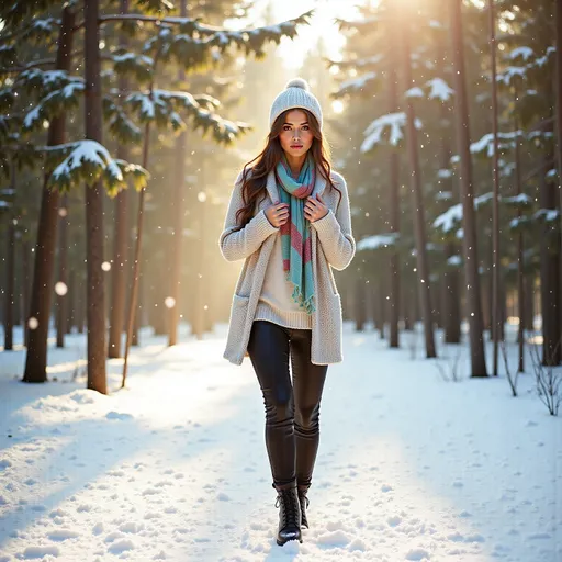 Prompt: (woman walking through a wintery forest), surrounded by glistening snow-covered trees, dressed in (cozy warm clothes, stylish jacket, trousers, knitted jumper, fluffy hat, colorful scarf), serene atmosphere, soft light filtering through branches, gentle snowfall, subtle warm tones contrasted with the coolness of winter, hushed ambiance, 4K, ultra-detailed realism.