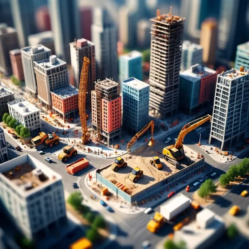 Prompt: aerial view, tilt-shift, isometric miniature world, detailed landscape world render with high rise buildings, with a constwithin site and a steel structure being installed, construction vehicles around the steel structure