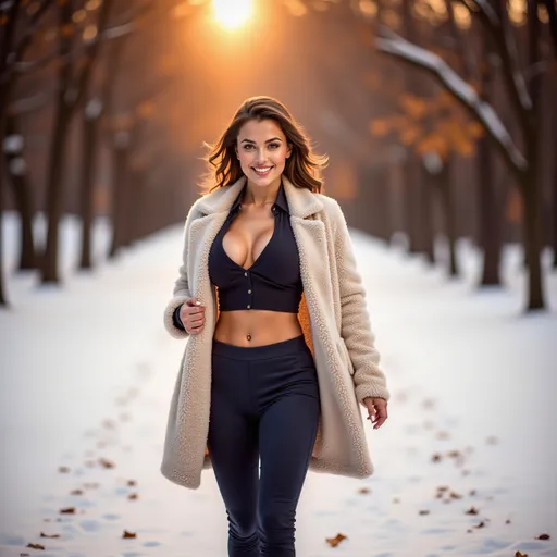 Prompt: (model walking in a wintery snow filled forest along a path), wearing (warm winter clothes), (expressive warm smile), luxurious photoshoot, idyllic natural scenery, sun-dappled forest, vibrant autumn leaves, soft glowing light filtering through trees, cozy ambiance, fashionable outdoor styling, detailed textures in fabric, high quality, ultra-detailed, HD.