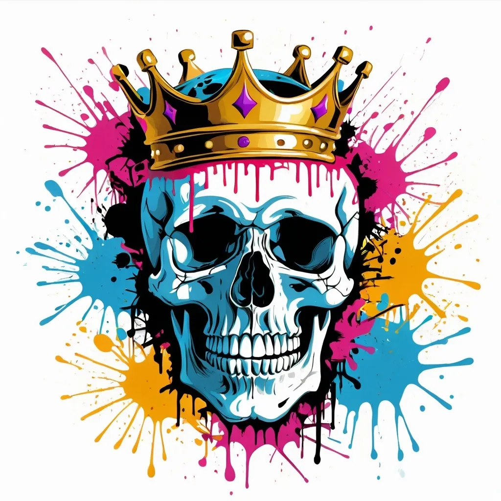 Prompt: Colorful graffiti illustration of a skull with a golden crown, paint splashes, vector t-shirt art, white background