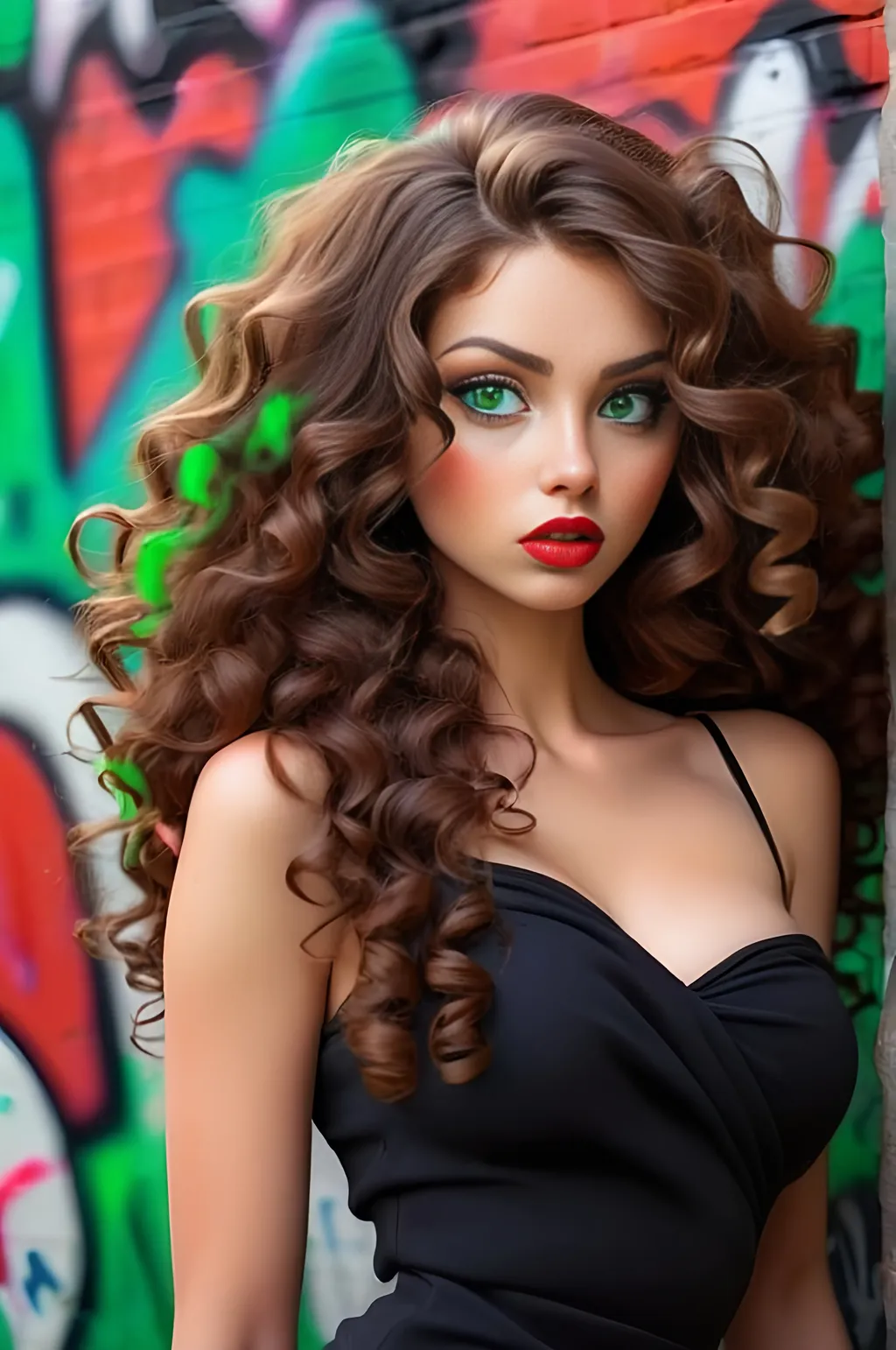 Prompt: Beautiful sensual women with long full curly brown hair falling down her left shoulder, with green eyes, put red lips, graffiti background