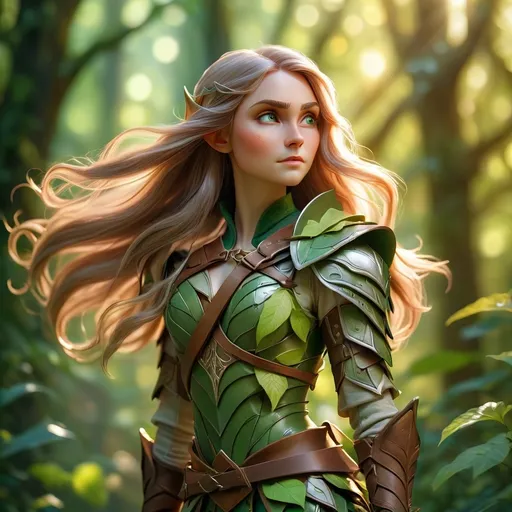 Prompt: (Elf ranger), standing gracefully, long flowing hair, bow in hand, wearing intricate leather armor, surrounded by lush greenery, soft sunlight filtering through leaves, creating dappled light patterns, ethereal ambiance, enchanted atmosphere, mystical vibes, high detail, dramatic lighting, vibrant colors, magic in the air, ultra-detailed, forest scenery.