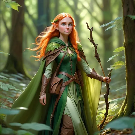 Prompt: (Elf ranger), mystical forest, sunlight filtering through leaves, dappled light on the forest floor, ethereal atmosphere, enchanting greenery, intricate floral details, long flowing cloak, bow and quiver at the ready, serene expression, vibrant colors, magical essence, high depth, 4K, ultra-detailed realism, captivating ambiance.