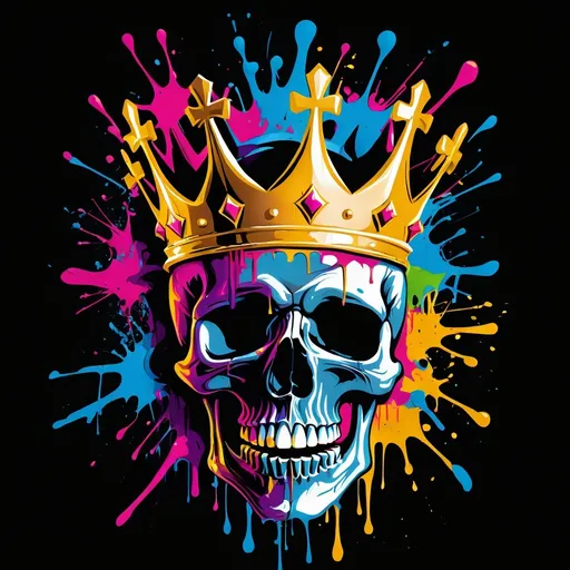 Prompt: Colorful graffiti illustration of a skull with a golden crown, paint splashes, vector t-shirt art, black background