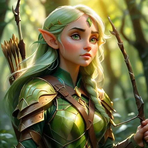 Prompt: (Elf ranger), mystical forest, dappled sunlight filtering through trees, ethereal atmosphere, vibrant greens and golds, intricate armor glistening, bow and quiver at the ready, peaceful yet alert expression, magical flora surrounding, high-detail, cinematic depth, enchanting ambiance, inviting light, ultra-detailed, nature's majesty.