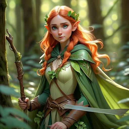 Prompt: (Elf ranger), mystical forest, sunlight filtering through leaves, dappled light on the forest floor, ethereal atmosphere, enchanting greenery, intricate floral details, long flowing cloak, bow and quiver at the ready, serene expression, vibrant colors, magical essence, high depth, 4K, ultra-detailed realism, captivating ambiance.