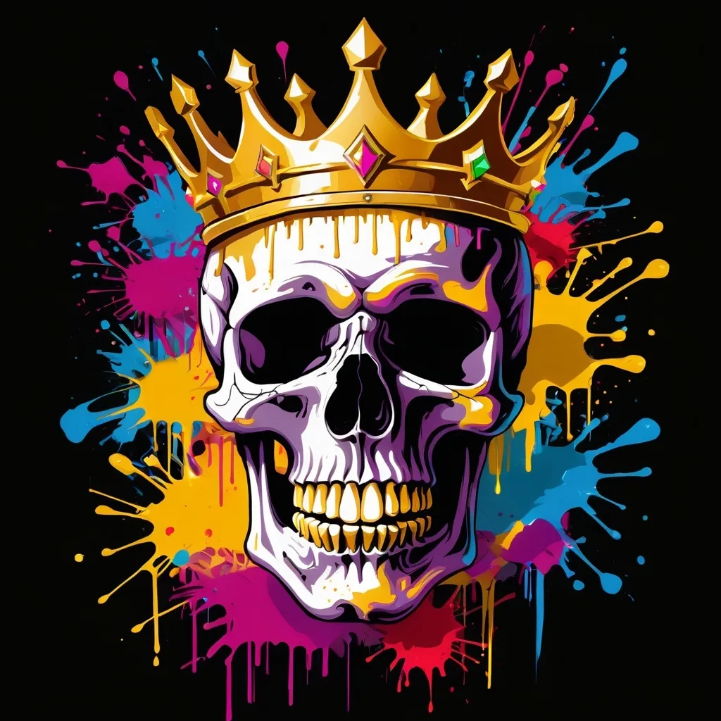 Prompt: Colorful graffiti illustration of a skull with a golden crown, paint splashes, vector t-shirt art, black background