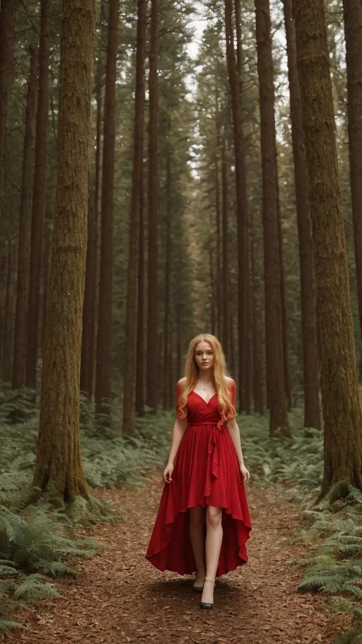 Prompt: Beautiful woman standing in the forest with a flowing red dress, long blonde hair, vibrant colours