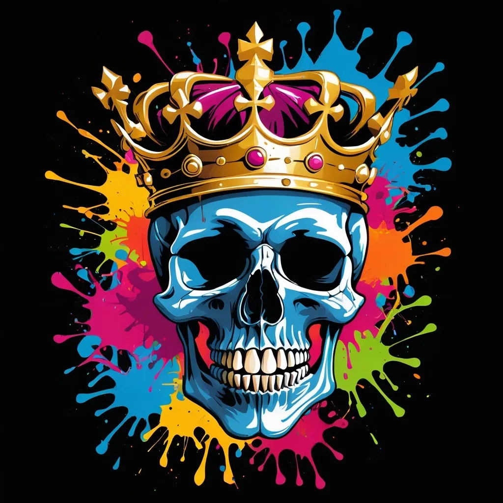 Prompt: Colorful graffiti illustration of a skull with a golden crown, paint splashes, vector t-shirt art, black background