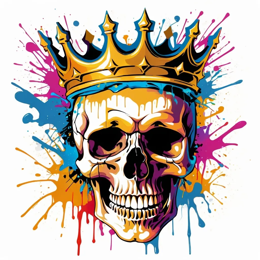 Prompt: Colorful graffiti illustration of a skull with a golden crown, paint splashes, vector t-shirt art, white background