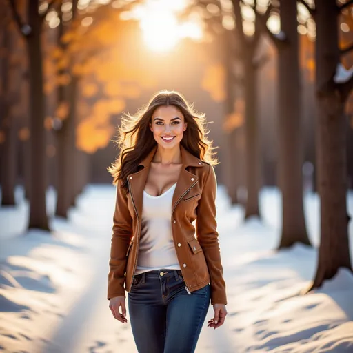 Prompt: (model walking in a wintery snow filled forest along a path), wearing (warm winter clothes), (expressive warm smile), luxurious photoshoot, idyllic natural scenery, sun-dappled forest, vibrant autumn leaves, soft glowing light filtering through trees, cozy ambiance, fashionable outdoor styling, detailed textures in fabric, high quality, ultra-detailed, HD.