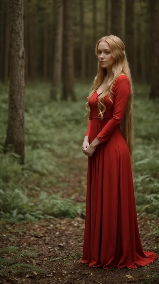 Prompt: Beautiful woman standing in the forest with a flowing red dress, long blonde hair