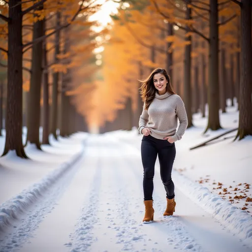 Prompt: (model walking in a wintery snow filled forest along a path), wearing (warm winter clothes), (expressive warm smile), luxurious photoshoot, idyllic natural scenery, sun-dappled forest, vibrant autumn leaves, soft glowing light filtering through trees, cozy ambiance, fashionable outdoor styling, detailed textures in fabric, high quality, ultra-detailed, HD.