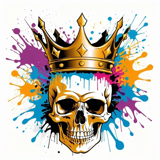 Prompt: Colorful graffiti illustration of a skull with a golden crown, paint splashes, vector t-shirt art, white background