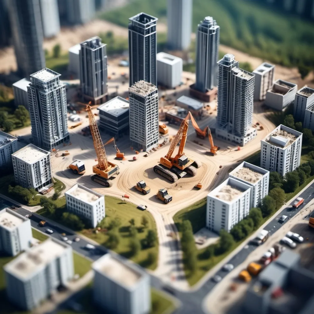 Prompt: aerial view, tilt-shift, isometric miniature world, detailed landscape world render with high rise buildings, with a constwithin site and a steel structure being installed, construction vehicles around the steel structure