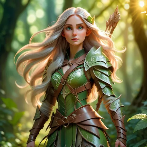 Prompt: (Elf ranger), standing gracefully, long flowing hair, bow in hand, wearing intricate leather armor, surrounded by lush greenery, soft sunlight filtering through leaves, creating dappled light patterns, ethereal ambiance, enchanted atmosphere, mystical vibes, high detail, dramatic lighting, vibrant colors, magic in the air, ultra-detailed, forest scenery.