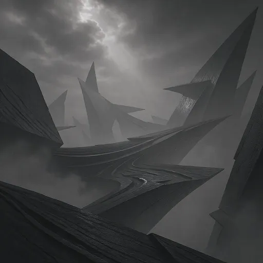 Prompt: Intersecting planes forming impossible architecture in grayscale with subtle reflections