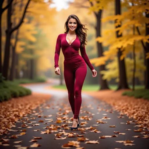 Prompt: (model walking in a forest along a path), (warm winter clothes), (expressive warm smile), luxurious photoshoot, idyllic natural scenery, sun-dappled forest, vibrant autumn leaves, soft glowing light filtering through trees, cozy ambiance, fashionable outdoor styling, detailed textures in fabric, high quality, ultra-detailed, HD.