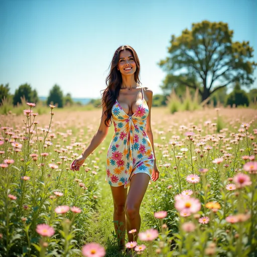 Prompt: (woman walking through a field of vibrant colored flowers), (colourful summer dress), basking in the warm sunlight, surrounded by a dazzling array of flowers in full bloom, vivid colors like magenta, yellow, and blue, clear blue sky above, cheerful ambiance, high-resolution 4K imagery, capturing the blissful essence of a perfect summer day.