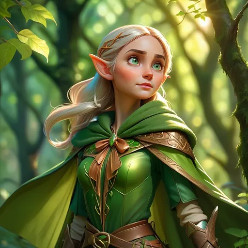 Prompt: (Elf ranger), standing gracefully, vibrant green cloak, intricate bow in hand, vibrant sunlight filtering through leafy canopy, enchanting mood, magical atmosphere, glimmering details in foliage, birds perched nearby, lush undergrowth, forest ethereal glow, (magical forest surroundings), high-quality 4K resolution, highly detailed, serene and enchanting vibe.