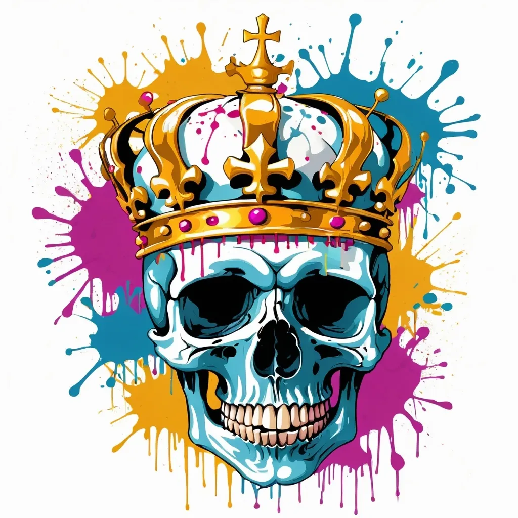 Prompt: Colorful graffiti illustration of a skull with a golden crown, paint splashes, vector t-shirt art, white background