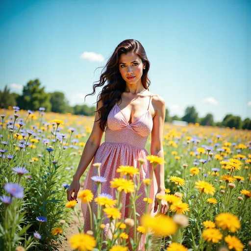 Prompt: (woman walking through a field of vibrant colored flowers), (colourful summer dress), basking in the warm sunlight, surrounded by a dazzling array of flowers in full bloom, vivid colors like magenta, yellow, and blue, clear blue sky above, cheerful ambiance, high-resolution 4K imagery, capturing the blissful essence of a perfect summer day.