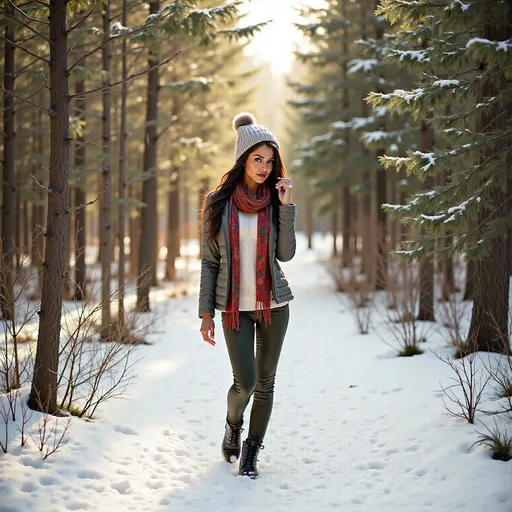 Prompt: (woman walking through a wintery forest), surrounded by glistening snow-covered trees, dressed in (cozy warm clothes, stylish jacket, trousers, knitted jumper, fluffy hat, colorful scarf), serene atmosphere, soft light filtering through branches, gentle snowfall, subtle warm tones contrasted with the coolness of winter, hushed ambiance, 4K, ultra-detailed realism.