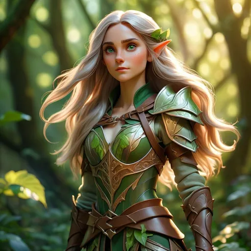 Prompt: (Elf ranger), standing gracefully, long flowing hair, bow in hand, wearing intricate leather armor, surrounded by lush greenery, soft sunlight filtering through leaves, creating dappled light patterns, ethereal ambiance, enchanted atmosphere, mystical vibes, high detail, dramatic lighting, vibrant colors, magic in the air, ultra-detailed, forest scenery.