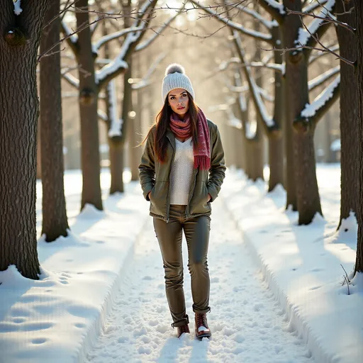 Prompt: (woman walking through a wintery forest), surrounded by glistening snow-covered trees, dressed in (cozy warm clothes, stylish jacket, trousers, knitted jumper, fluffy hat, colorful scarf), serene atmosphere, soft light filtering through branches, gentle snowfall, subtle warm tones contrasted with the coolness of winter, hushed ambiance, 4K, ultra-detailed realism.