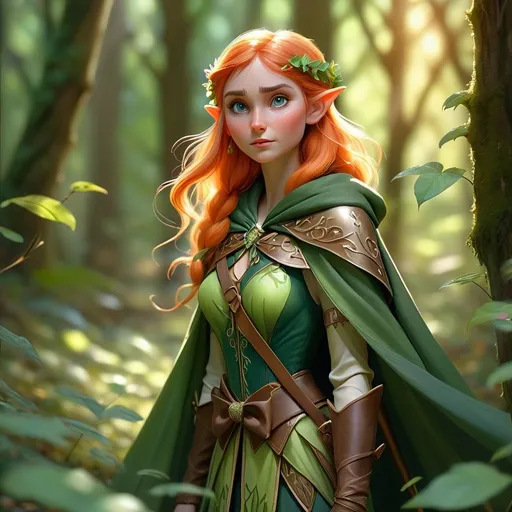 Prompt: (Elf ranger), mystical forest, sunlight filtering through leaves, dappled light on the forest floor, ethereal atmosphere, enchanting greenery, intricate floral details, long flowing cloak, bow and quiver at the ready, serene expression, vibrant colors, magical essence, high depth, 4K, ultra-detailed realism, captivating ambiance.