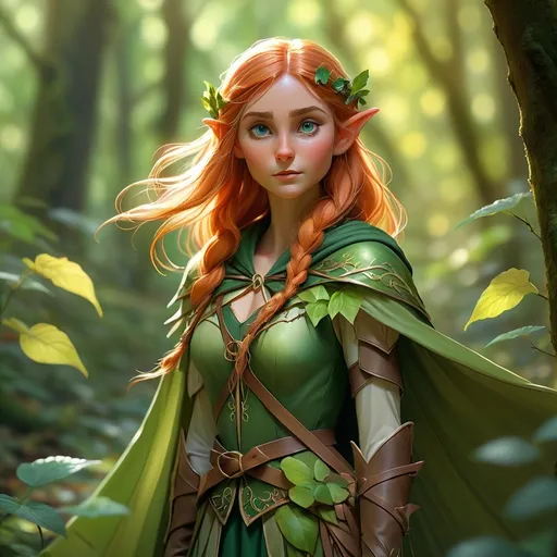 Prompt: (Elf ranger), mystical forest, sunlight filtering through leaves, dappled light on the forest floor, ethereal atmosphere, enchanting greenery, intricate floral details, long flowing cloak, bow and quiver at the ready, serene expression, vibrant colors, magical essence, high depth, 4K, ultra-detailed realism, captivating ambiance.