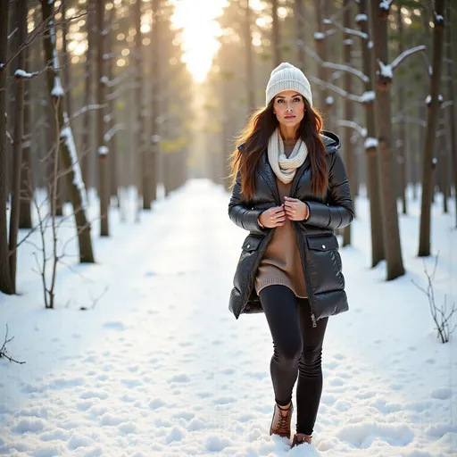 Prompt: (woman walking through a wintery forest), dressed in (cozy warm clothes, jacket, jumper, fluffy hat, scarf), snow-covered trees surrounding her, soft white frost on branches, the ground blanketed in pristine snow, gentle rays of sunlight filtering through branches, creating a magical illuminated glow, serene ambiance, a sense of tranquility, (ultra-detailed), (4K), captivating winter scenery.