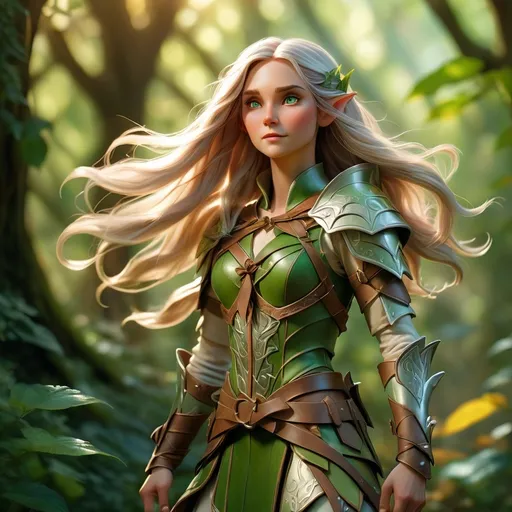 Prompt: (Elf ranger), standing gracefully, long flowing hair, bow in hand, wearing intricate leather armor, surrounded by lush greenery, soft sunlight filtering through leaves, creating dappled light patterns, ethereal ambiance, enchanted atmosphere, mystical vibes, high detail, dramatic lighting, vibrant colors, magic in the air, ultra-detailed, forest scenery.