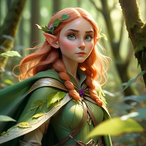 Prompt: (Elf ranger), mystical forest, sunlight filtering through leaves, dappled light on the forest floor, ethereal atmosphere, enchanting greenery, intricate floral details, long flowing cloak, bow and quiver at the ready, serene expression, vibrant colors, magical essence, high depth, 4K, ultra-detailed realism, captivating ambiance.